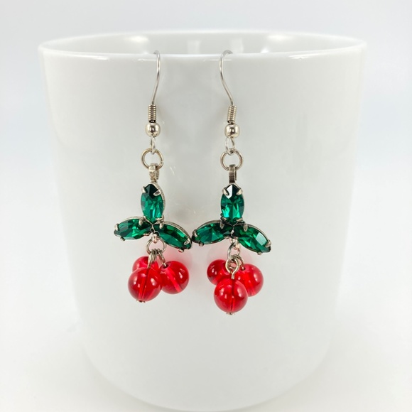 Holly Earrings, Handmade, Vintage Crystals & Glass Beads, Cherry Earrings - Picture 2 of 10